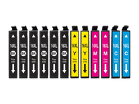 Pack 6N+2C: 8 cartuchos (6 negro, 2 cian, 2 magenta, 2 amarillo) vistos desde arriba, compatibles Epson 16XL CartuchoYa