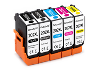 Pack 1N+1PB+1C: 5 cartuchos (1 negro, 1 negro foto, 1 cian, 1 magenta, 1 amarillo) en fila, compatibles Epson 202XL CartuchoYa