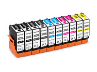 Pack 2N+2PB+2C: 10 cartuchos (2 negro, 2 negro foto, 2 cian, 2 magenta, 2 amarillo) en fila, compatibles Epson 202XL CartuchoYa