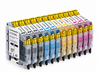 Pack 3N+3C: 12 cartuchos (3 negro, 3 cian, 3 magenta, 3 amarillo) en fila, compatibles Brother LC223XL CartuchoYa