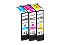 Pack 1C: 3 cartuchos (1 cian, 1 magenta, 1 amarillo) en fila, compatibles Epson 405XL CartuchoYa