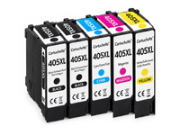 Pack 2N+1C: 5 cartuchos (2 negro, 1 cian, 1 magenta, 1 amarillo) en fila, compatibles Epson 405XL CartuchoYa