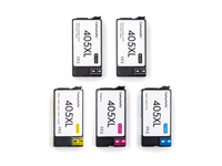 Pack 2N+1C: 5 cartuchos (2 negro, 1 cian, 1 magenta, 1 amarillo) vistos desde arriba, compatibles Epson 405XL CartuchoYa