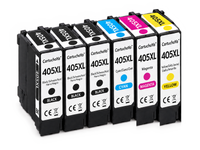Pack 3N+1C: 6 cartuchos (3 negro, 1 cian, 1 magenta, 1 amarillo) en fila, compatibles Epson 405XL CartuchoYa