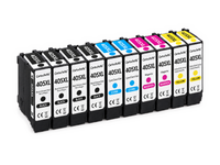 Pack 4N+2C: 10 cartuchos (4 negro, 2 cian, 2 magenta, 2 amarillo) en fila, compatibles Epson 405XL CartuchoYa