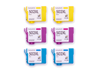 Pack 2C: 6 cartuchos (2 cian, 2 magenta, 2 amarillo) vistos desde arriba, compatibles Epson 502XL CartuchoYa