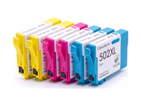 Pack 2C: 6 cartuchos (2 cian, 2 magenta, 2 amarillo) en fila, compatibles Epson 502XL CartuchoYa