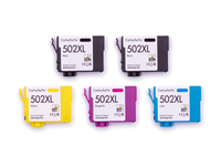 Pack 2N+1C: 5 cartuchos (2 negro, 1 cian, 1 magenta, 1 amarillo) vistos desde arriba, compatibles Epson 502XL CartuchoYa
