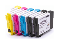 Pack 2N+1C: 5 cartuchos (2 negro, 1 cian, 1 magenta, 1 amarillo) en fila, compatibles Epson 502XL CartuchoYa