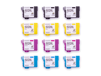 Pack 3N+3C: 12 cartuchos (3 negro, 3 cian, 3 magenta, 3 amarillo) vistos desde arriba, compatibles Epson 502XL CartuchoYa