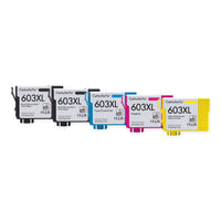 Pack 2N+1C: 5 cartuchos (2 negro, 1 cian, 1 magenta, 1 amarillo), vista frontal, compatibles Epson 603XL CartuchoYa