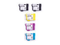 Pack 2N+1C: 5 cartuchos (2 negro, 1 cian, 1 magenta, 1 amarillo) vistos desde arriba, compatibles Epson 603XL CartuchoYa