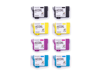 Pack 2N+2C: 8 cartuchos (2 negro, 2 cian, 2 magenta, 2 amarillo) vistos desde arriba, compatibles Epson 603XL CartuchoYa