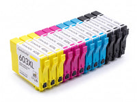 Pack 3N+3C: 12 cartuchos (3 negro, 3 cian, 3 magenta, 3 amarillo) en fila, compatibles Epson 603XL CartuchoYa