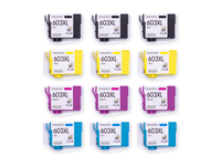 Pack 3N+3C: 12 cartuchos (3 negro, 3 cian, 3 magenta, 3 amarillo) vistos desde arriba, compatibles Epson 603XL CartuchoYa