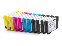 Pack 4N+2C: 10 cartuchos (4 negro, 2 cian, 2 magenta, 2 amarillo) en fila, compatibles Epson 603XL CartuchoYa