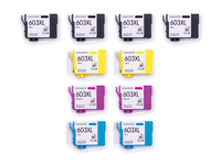Pack 4N+2C: 10 cartuchos (4 negro, 2 cian, 2 magenta, 2 amarillo) vistos desde arriba, compatibles Epson 603XL CartuchoYa