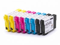 Pack 2N+2C: 8 cartuchos (2 negro, 2 cian, 2 magenta, 2 amarillo) en fila, compatibles Epson 604XL CartuchoYa