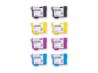 Pack 2N+2C: 8 cartuchos (2 negro, 2 cian, 2 magenta, 2 amarillo) vistos desde arriba, compatibles Epson 604XL CartuchoYa