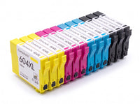 Pack 3N+3C: 12 cartuchos (3 negro, 3 cian, 3 magenta, 3 amarillo) en fila, compatibles Epson 604XL CartuchoYa