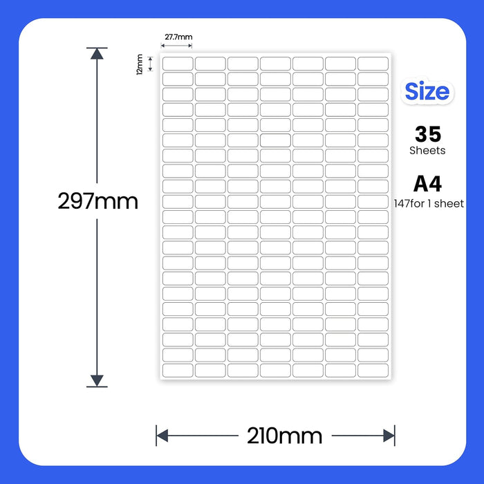 Etiquetas de vinilo impermeables 12 × 27,7 mm, 35 hojas (5.145 etiquetas)