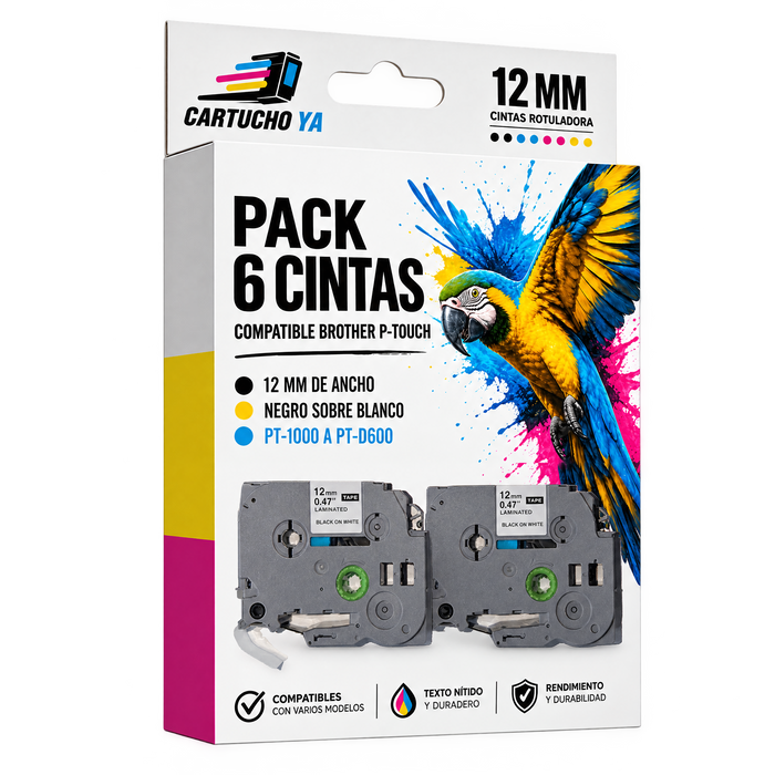 Pack 2 · Cintas rotuladora compatibles Brother P-touch, 12 mm