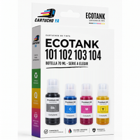 Caja CartuchoYa con 4 botellas de tinta compatibles Epson EcoTank 101, 102, 103 y 104 (negro, cian, magenta y amarillo)