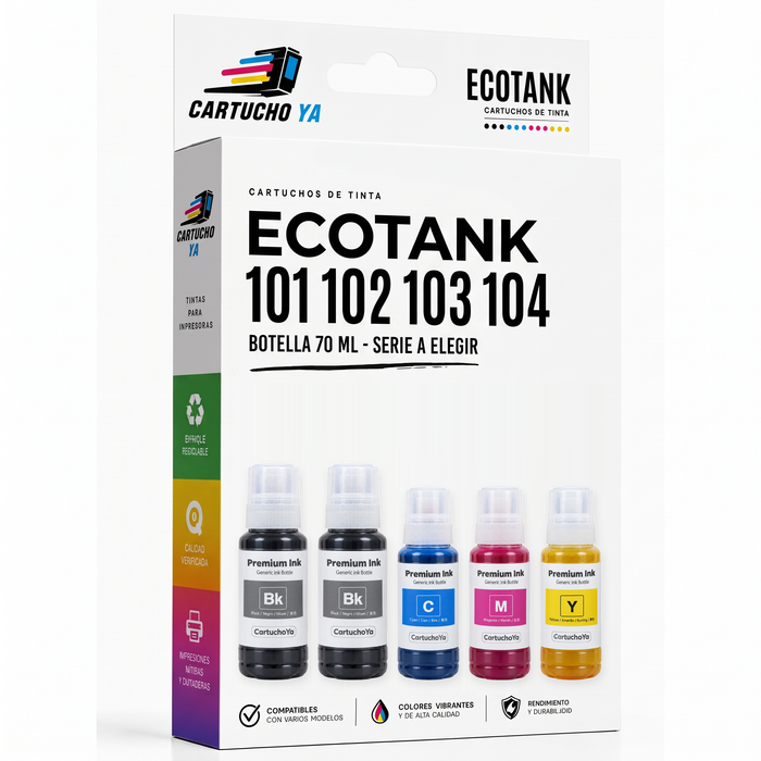 Botellas de tinta compatibles Epson EcoTank 101, 102, 103 y 104 (juego de 4 colores)