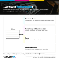 Infografía de compatibilidad: medidas y equipos donde sirve el filtro del aire de impresora láser 150 x 100 mm