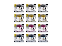 Pack 3N+3C: 12 cartuchos (3 negro, 3 cian, 3 magenta, 3 amarillo) vistos desde arriba, compatibles Brother LC223XL CartuchoYa