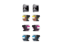 Pack 2N+2C: 8 cartuchos (2 negro, 2 cian, 2 magenta, 2 amarillo) vistos desde arriba, compatibles Brother LC3219XL CartuchoYa